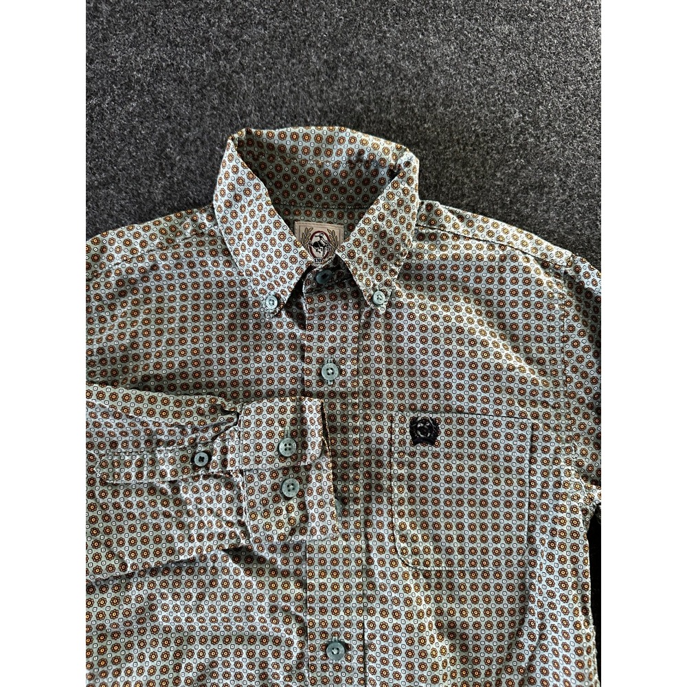 Cinch Boys Western Button Down Shirt XS 4-5 Blue Tan Medallion Print Long Sleeve